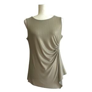 Tahari Blouse Top Taupe Green Gold Sleeveless Ruched Side Asymmetric Small NEW